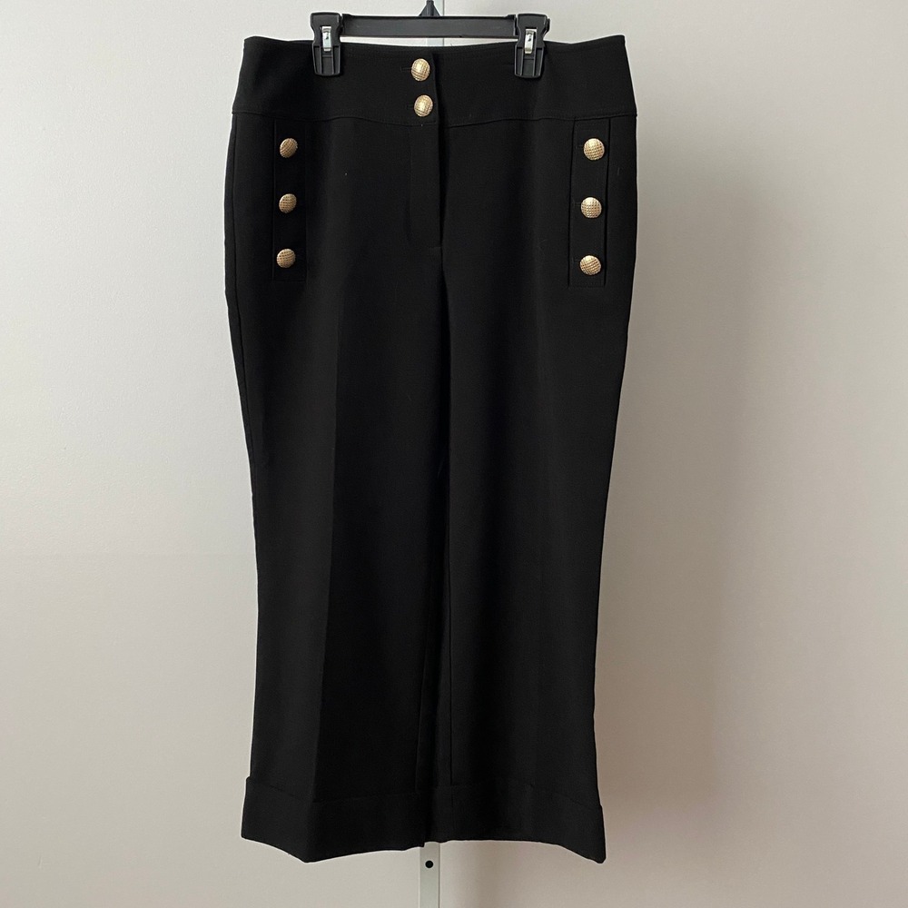 Chicos 0.5 Black Crop Pants‎ Gold Button Sailor Nautical Wide Leg Trousers